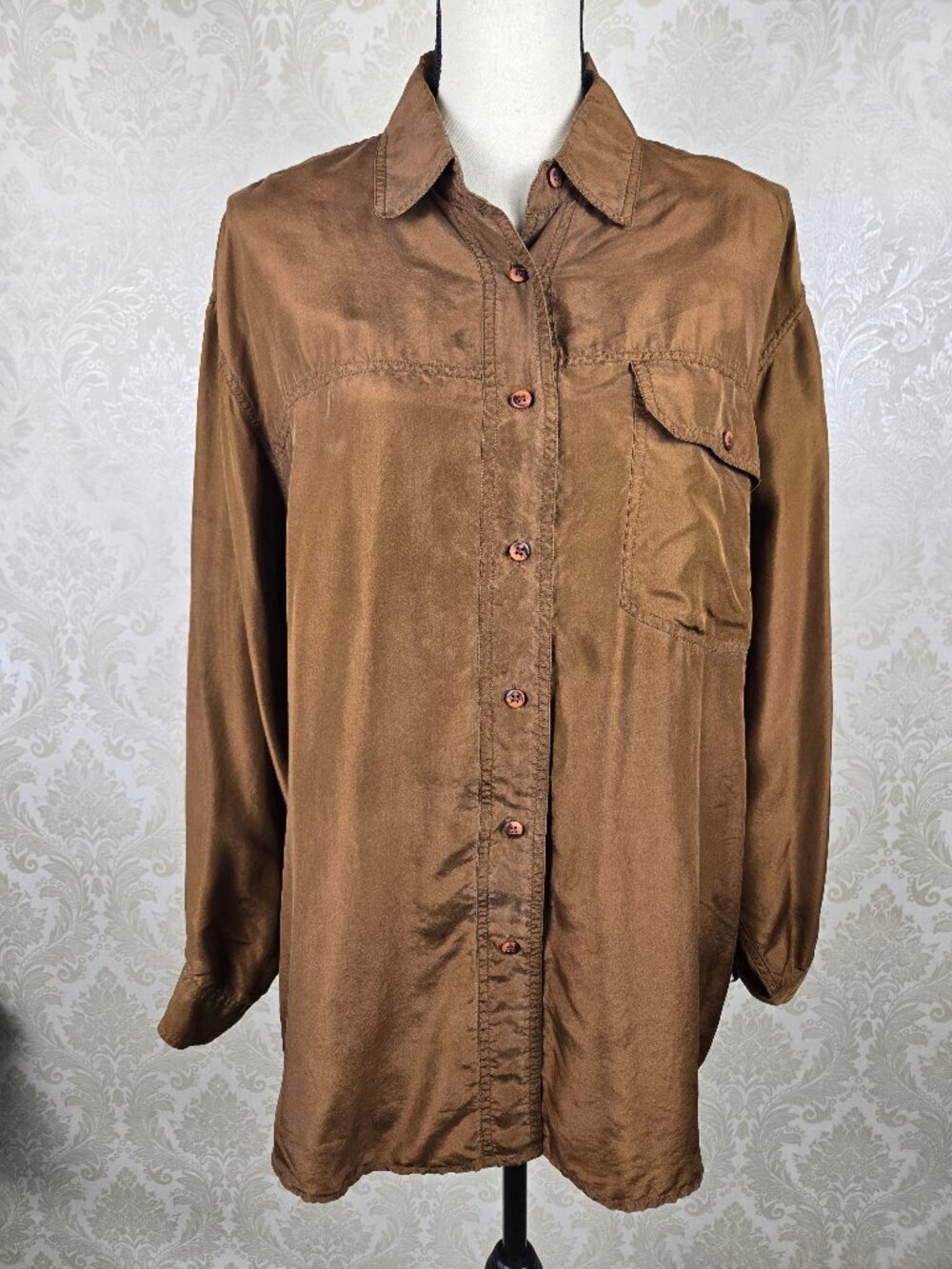 The Limited Sz Large 100% Silk Brown Button Down Shirt Long Sleeve Chest Pocket